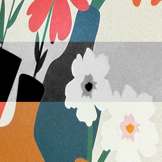 Color graphic of flowers with black and white stripe across the middle.